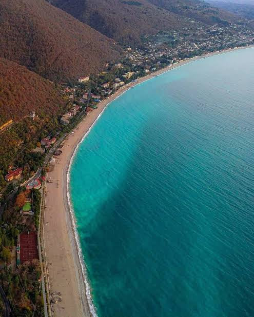 Aerial view of the Black Sea coast at Gagra, Apkhazeti, Georgia